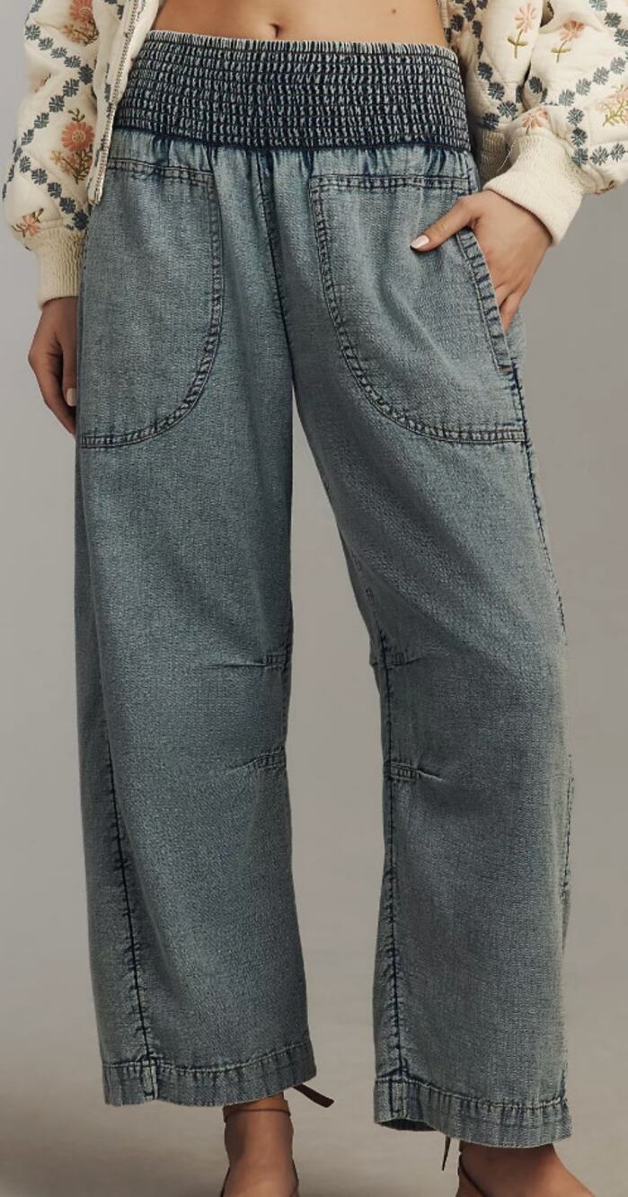 Anthropologie Pilcro Reese Smocked Pull-On Barrel Jeans Cotton M MP Petite  NWT
